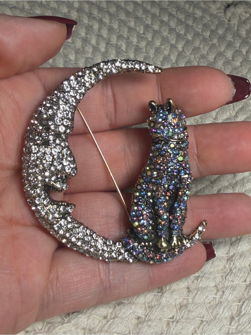 Halloween Black Cat Crescent Moon Brooch Rhinestone Witchy Jewelry - Picture 10 of 11